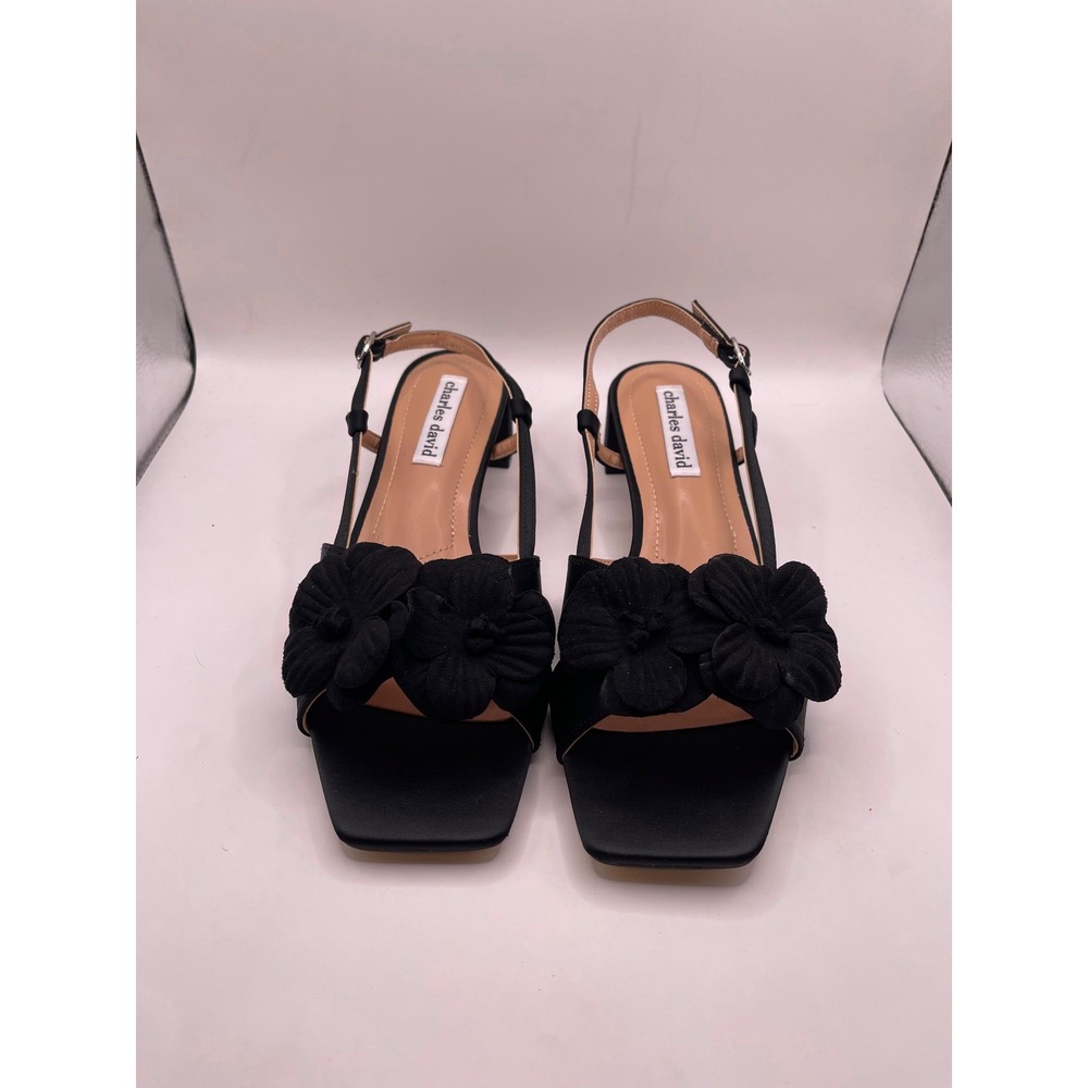 Charles David Dean Black Satin Floral Slingback Block Heel Sandals 7.5M NEW
